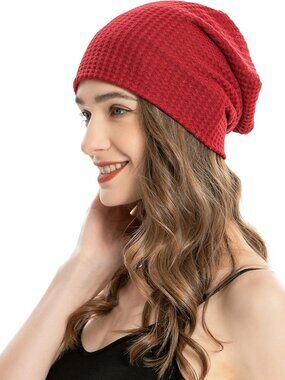 Womens Solid Burgundy Warm Knit Winter Pull-On Classic Slouchy Stretch Skull Cap